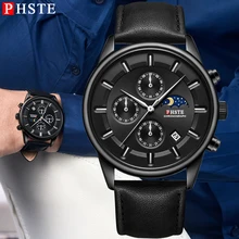 PHSTE New Men Watch Chronograph Moon Phase Date Quartz Wristwatch Waterproof Calfskin Leather Strap Male Clock Relogio Masculino