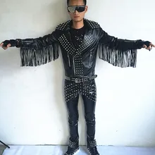 Мужские кожаные куртки с заклепками из искусственной кожи для мотоцикла кожаные куртки Dj Rock Панк кисточкой группа певица костюм стилист волос одежда