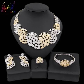 

Yulaili New Luxury Cubic Zircon Wedding Jewelry Sets for Women Charm Two Tones Round Shape Necklace Stud Earrings Bracelet Ring