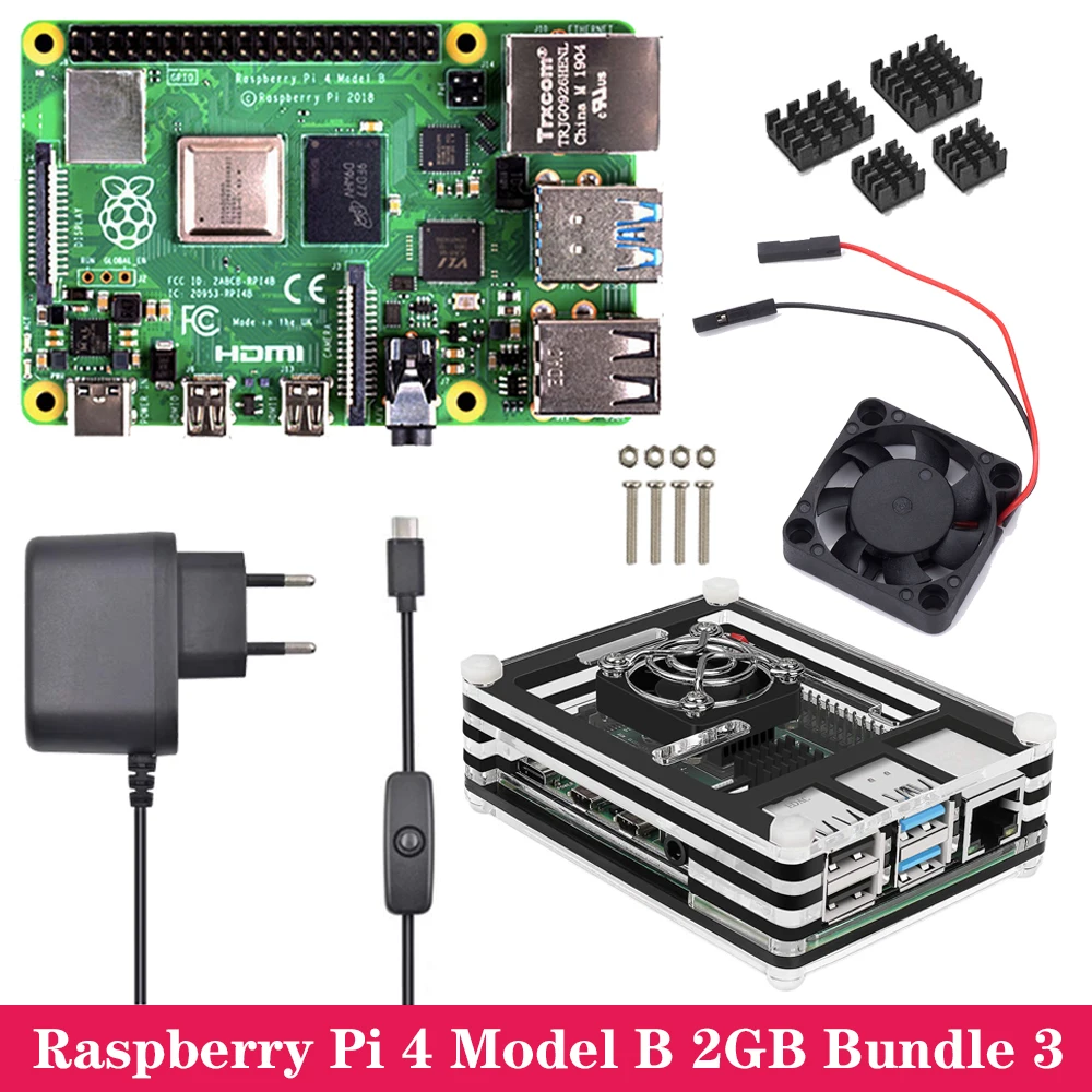 Комплект Raspberry Pi 4, 1 ГБ, 2 ГБ, 4 Гб ОЗУ, акриловый чехол, адаптер питания, радиатор для Raspberry Pi 4, Модель B, 4B - Комплект: Комплект 3