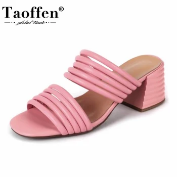 

Taoffen Thick High Heel Sandals Genuine Leather Summer Lady Shoes Square Heel Shoes Beach Casual Women Shoes Slippers Size 34-43
