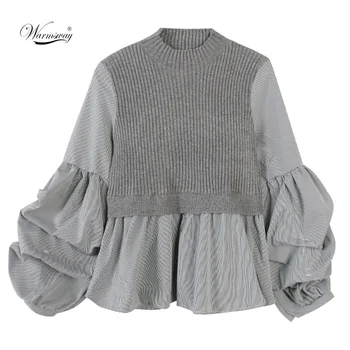 

Spring New Fashion Knit Patchwork knit Tops solid color Slim Lantern Sleeved Basic Pullovers Sweater CY-090
