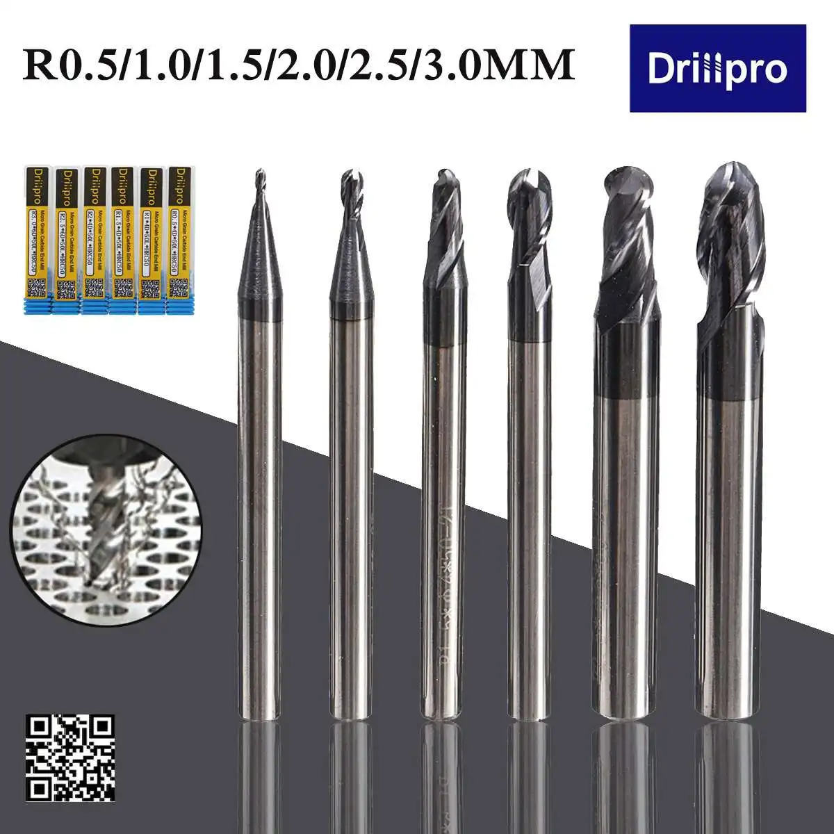 

Drillpro 6Pcs/set R0.5-3.0MM Ball Nose End Mill Tungsten Carbide CNC Router Bit 2 Flutes Coated End Milling Cutter