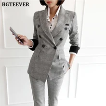 Винтажный клетчатый двубортный Женский блейзер, костюм, тонкий женский брючный костюм, Женская рабочая одежда, брючный костюм, осень