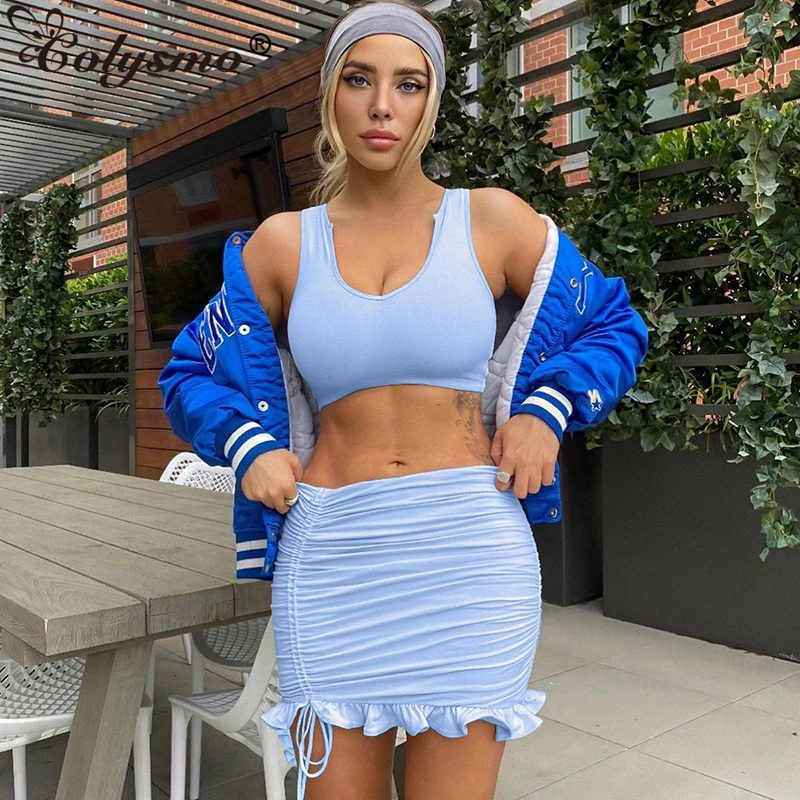 

Colysmo Mini Skirts Two Piece Set Women Sleeveless Crop Tops Ruffles Drawstring Pleat Ruched Bodycon Skirts Sets Summer 2 Piece