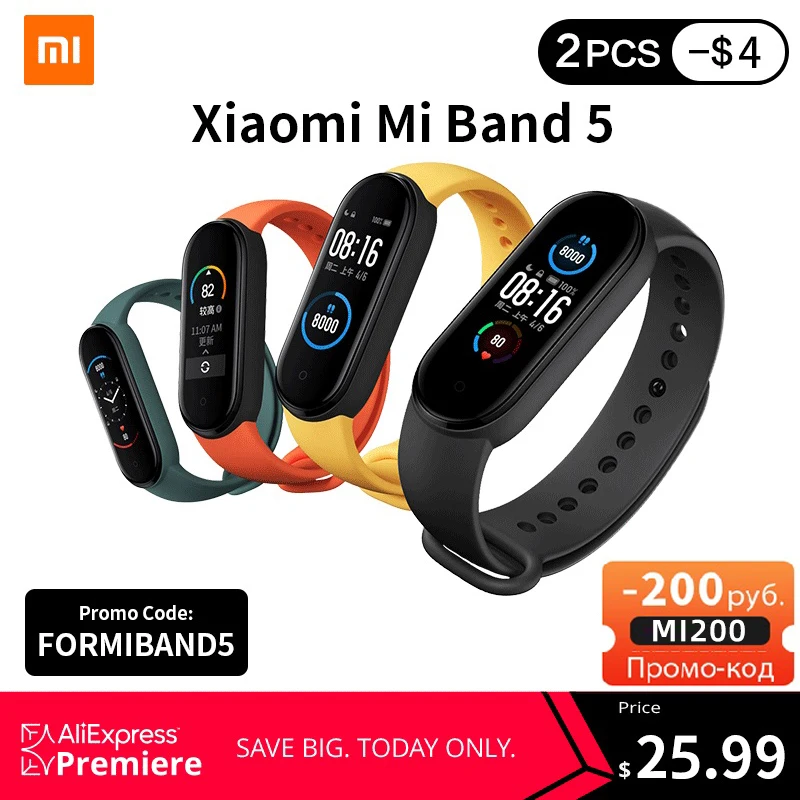  Умный Браслет Xiaomi Mi Band 5, цветной AMOLED экран 1,1 дюйма, фитнес трекер с пульсометром, Bluetooth 5,0, водонепроницаемый Miband5, в наличии, Скидка 200 ру…