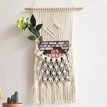 

Wall Hanging Tassel Storage Bag Holder Wall Mount Bohemian Boho Hanging Bag Magazine Envelope Cotton Storage Bag Home Decoration