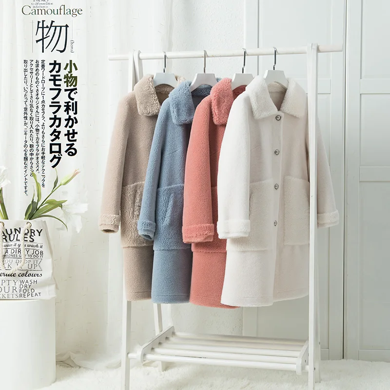 

2019 winter new grain velvet coat long sheep shearing combined with cashmere fur long loose loose wool women's coat