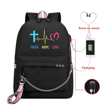 

High Quality Women Backpack Faith Hope Love Letters Print Nylon Waterproof Bagpack 2020 New Ladies Leisure USB Travel Back Pack