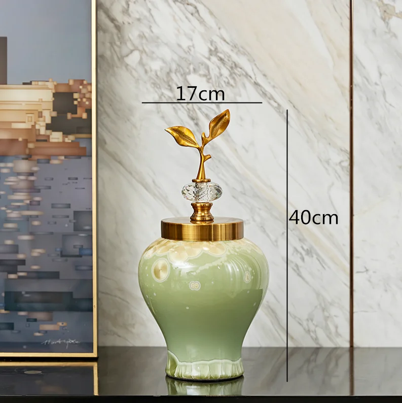 Креативная керамическая золотая металлическая китайская ваза декоративные украшения хрустальные цветочные композиции с крышкой украшения для дома дорогие - Цвет: 17x40cm
