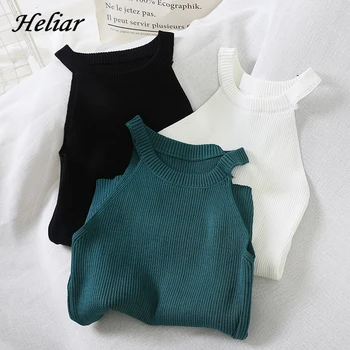 HELIAR Women Black Y2K Crop Tops Knitted Off Shoulder Tank Tops Female O-Neck Elastic Solid Elegant Tops Women 2023 Summer