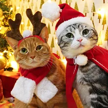 Шляпа для домашних животных, кошек, собак, красный шарф, Рождественский праздничный костюм, комплект одежды для маленьких животных, Рождественские рога для домашних животных, повязка на голову, вечерние аксессуары