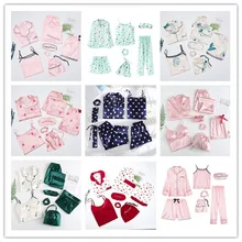 

Four Seasons Imitation Silk Pajamas Women's Spring and Autumn Long Sleeved Cardigan Seven Piece Home Clothes Strawberry Stripe