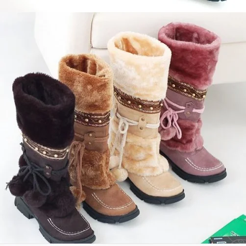 Women knee high Boots gladiator low heels autumn fur warm winter plus size shoes Booties vintage Shoe Martin mujer H222