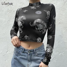 Waatfaak, черная футболка с принтом дракона в китайском стиле, облегающая футболка с круглым вырезом и длинным рукавом, женская модная укороченная Футболка Harajuku, базовая футболка