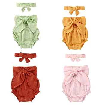 

Infant Baby Girls Cotton Linen Romper+Headband 2Pcs Bowknot Strapless Solid Jumpsuits Sleeveless Baby Girls Rompers 4 Color