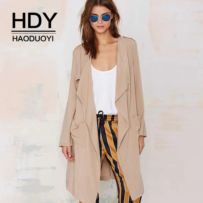 

HDY Haoduoyi Simple And Stylish Long Sleeve Lapels Loose And Thin Long Women's Solid Color Trench Coat With Pockets Coat Top