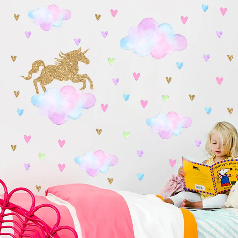 

Cartoon Unicorn Colourful Cloud Heart Shape Pattern Wall Sticker Decal For Kids Room Home Decoration Diy Animal Wall Mural Art