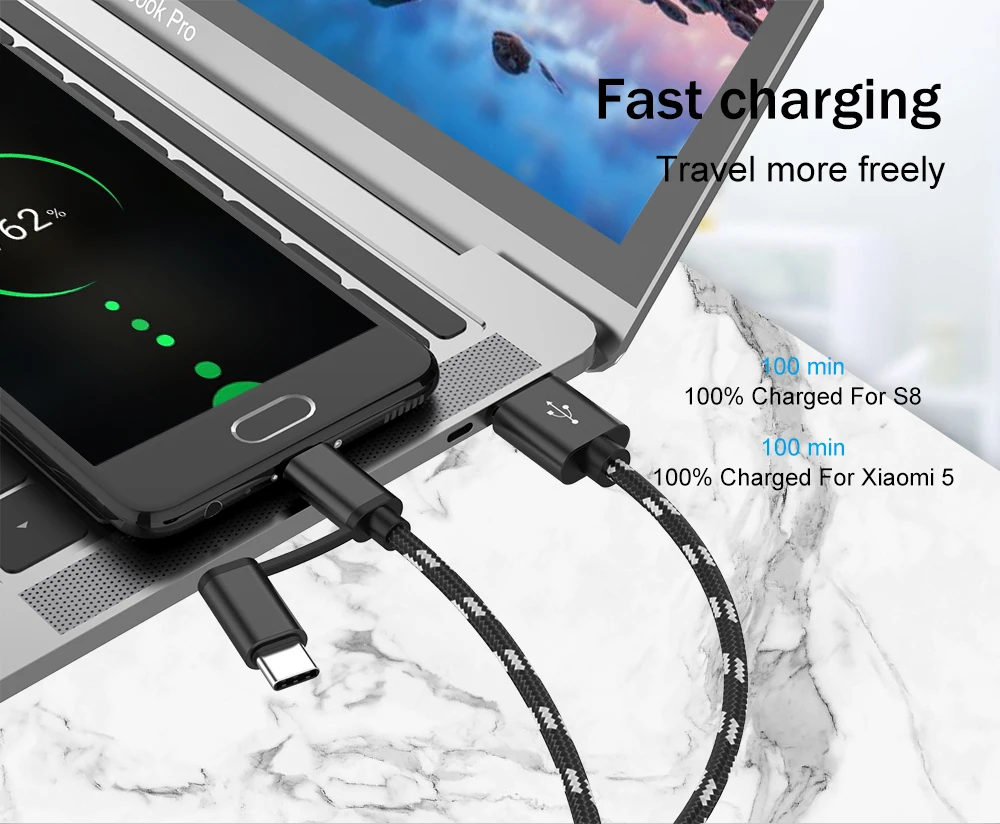 2 in 1 USB Cable Type C Fast Phone Charging Cable For Samsung S8 S9 Micro USB Dual Charging USB C Charge Cable For Redmi note 7