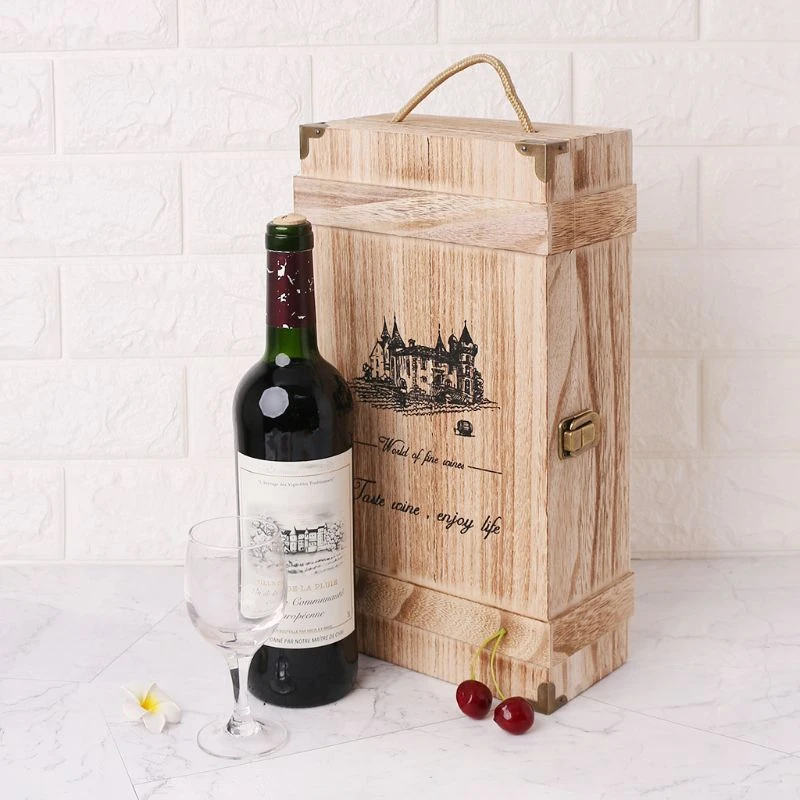 Vintage Wood 2 Red Wine Bottle Box Carrier Crate Case Storage Carrying Display Holder Birthday Party Christmas Gift 4