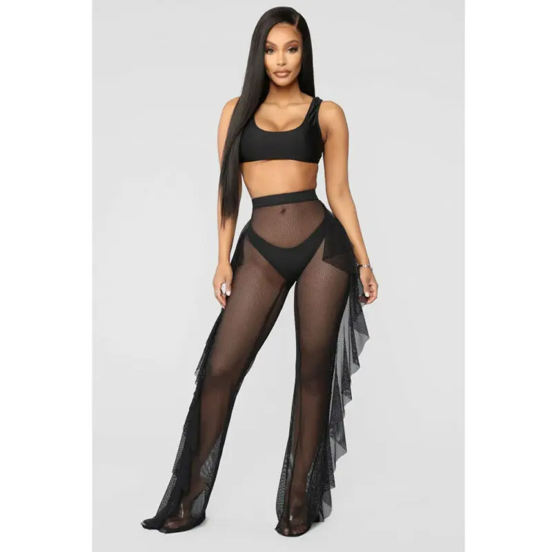 

Women Full Length Wide Leg Trousers Party Mesh Sheer Ruffle Beach Cover Up Pants High Waist Party Flared Palazzo Boho Trousers