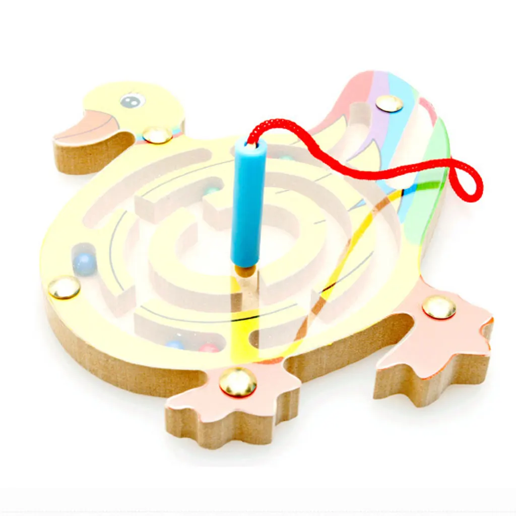 Wooden Puzzles Magnet Beads Slot Maze Board Game Magnetic Pen Labyrinth-Duck