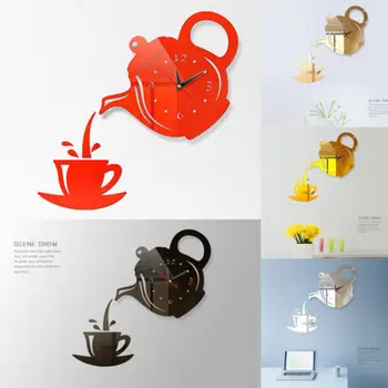 

Acrylic Coffee Cups Kitchen Wall Art Mirror Clock Modern Design Home Decoration Decor Wall Sticker For Dining Room home Decor