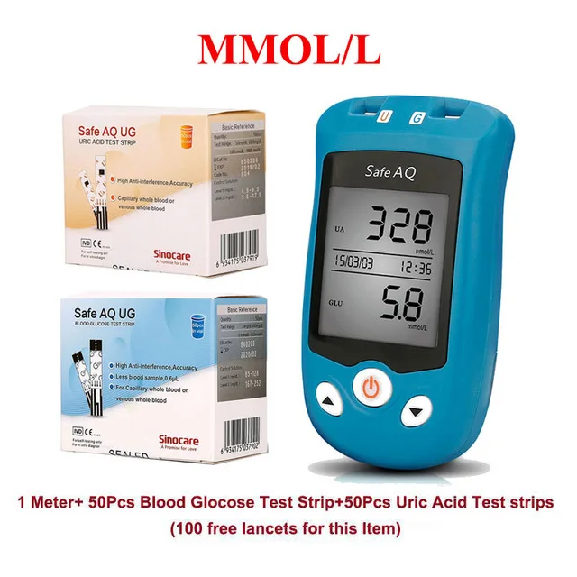 Sinocare Safe AQ UG mg/dL глюкоза в крови и мочевой измеритель кислотности и глюкозы/мочевые полоски для диабетиков подагра глюкометр мульти-посылка - Цвет: mmol L Meter 50U50G