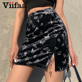

Viifaa Black Bodycon Butterfly Print Velvet Mini Skirt Womens 2020 Spring Summer High Waist Party Sexy Split Skirts