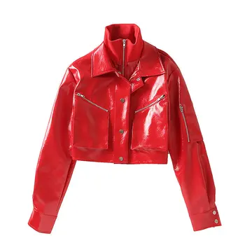 

Women Red Turtleneck Short Faux Leather Jacket Female Spring Fall Zipper Cropped PU Coat Streetwear High Waist Coat Clothes