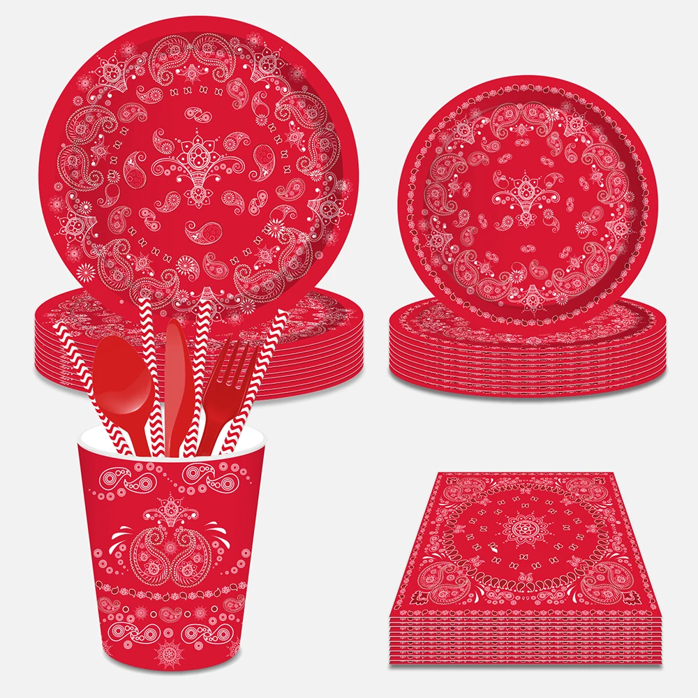 

Red Paisley Pattern Power Authority Cashew Flowers Happy Birthday Party Disposable Tableware Sets Cups Plates Party Decorations