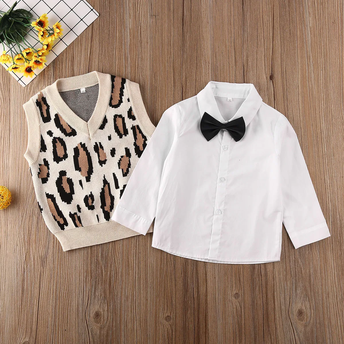 Newborn Baby Boy Clothes Leopard T-shirt Tops+bib Pants Gentleman Outfits Set