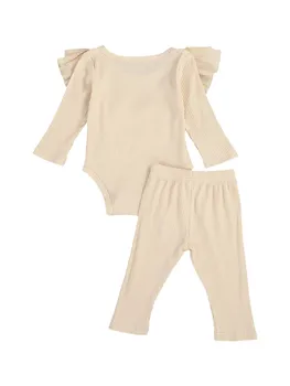 

Imcute Kids Shirt Jogger Pants Suit Crotch Buttons Ruffle Round Neck Long Sleeve Lace-up Trousers
