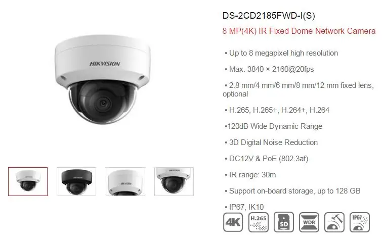 Hikvision 8MP POE ip-камера DS-2CD2185FWD-I наружная 4K Сетевая купольная камера видеонаблюдения 30 м IR H.265