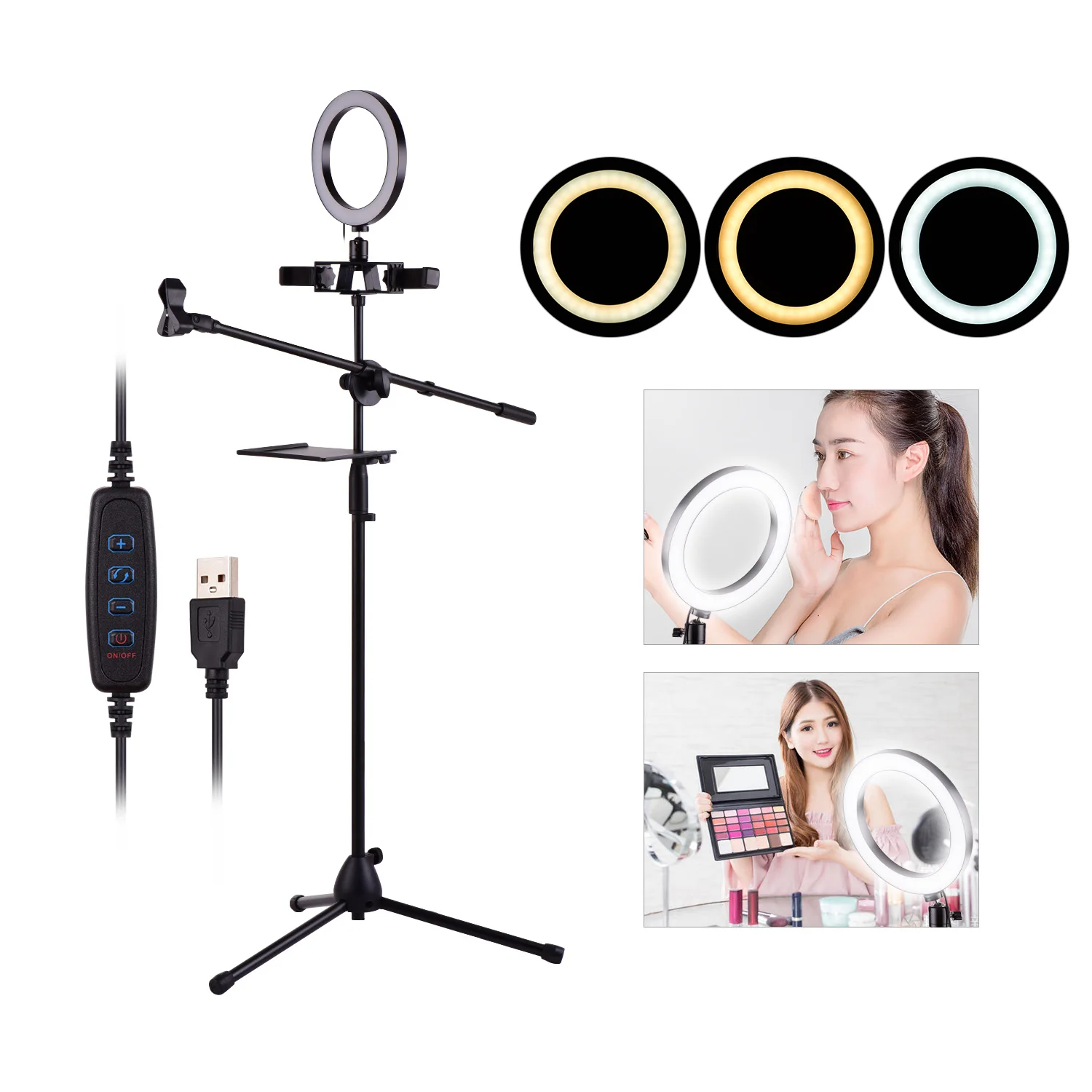 20cm/8inch LED Ring Light Kit with Metal Tripod Stand Microphone Boom