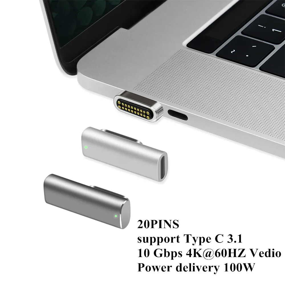 USB C Магнитный адаптер переменного тока, 20-pin Магнитный USB C 3,1 конвертер адаптер переменного тока, поддержка 100W PD, 10Gbp/s данных, видео в формате 4K с функцией быстрой зарядки