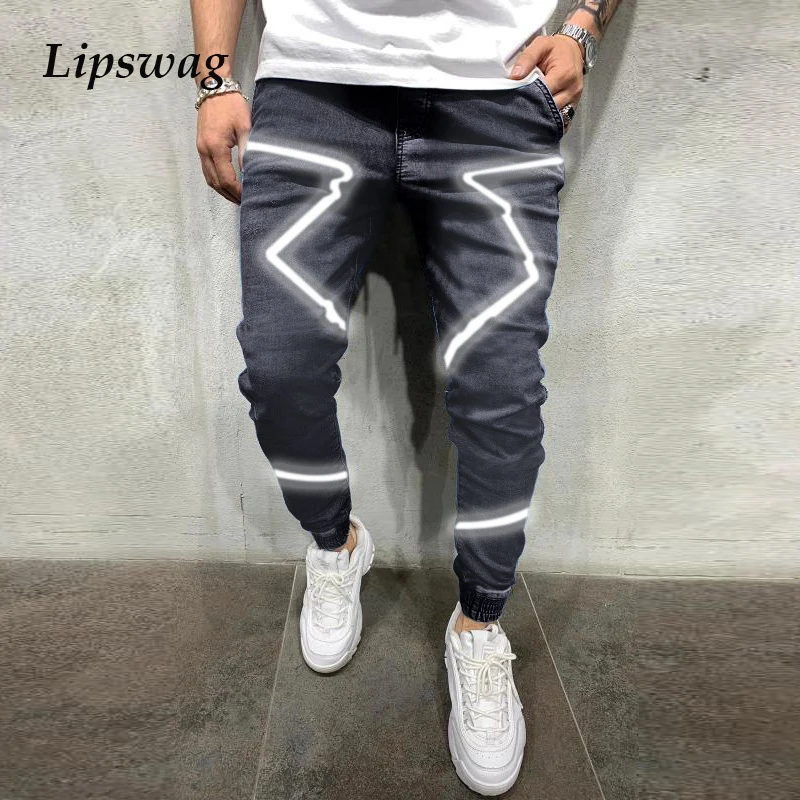 Pantalones vaqueros ajustados con tira reflectante para hombre, Vaqueros informales de cintura media, pantalones pitillo para primavera y verano, 2021