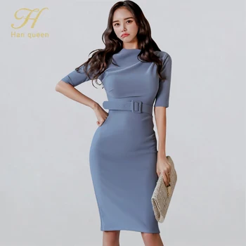 

H Han Queen Slash neck Elegant Sexy Pencil Dress Women 2020 Spring Slim Business Sheath Bodycon Dresses OL Office Wear Vestidos