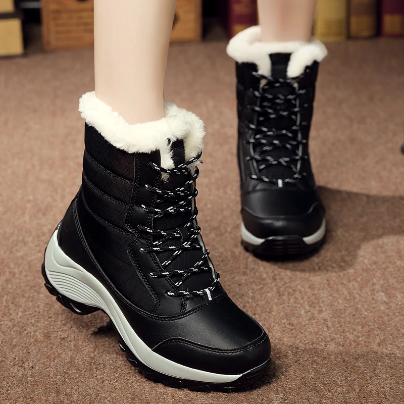 Модные женские зимние ботинки из искусственной кожи теплые зимние женские ботинки из плюша водонепроницаемые ботильоны обувь на плоской подошве ботинки на платформе; большие размеры 35-42