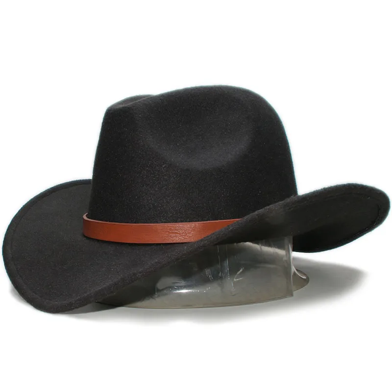 Ретро коричневый кожаный ремешок родитель-ребенок унисекс для взрослых/детей шерстяная ковбойская шляпа с широкими полями ковбойская шляпа котелок(57 см/54 см - Цвет: Черный