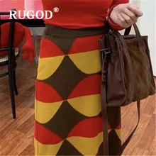 RUGOD, Осень-зима, стиль, контрастный цвет, с узором диоманда, раздельная юбка миди для женщин, Kawaii Kpop, модная одежда