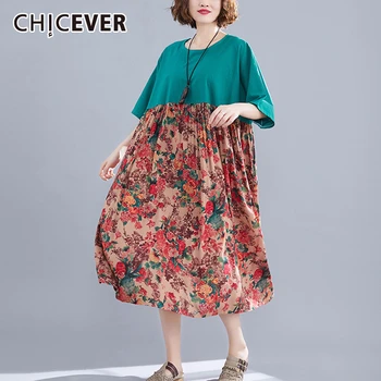 

CHICEVER Patchwork Print Dress For Women O Neck Short Sleeve Casual Loose Oversized Midi Dresses Female 2020 Fashion New Clothes