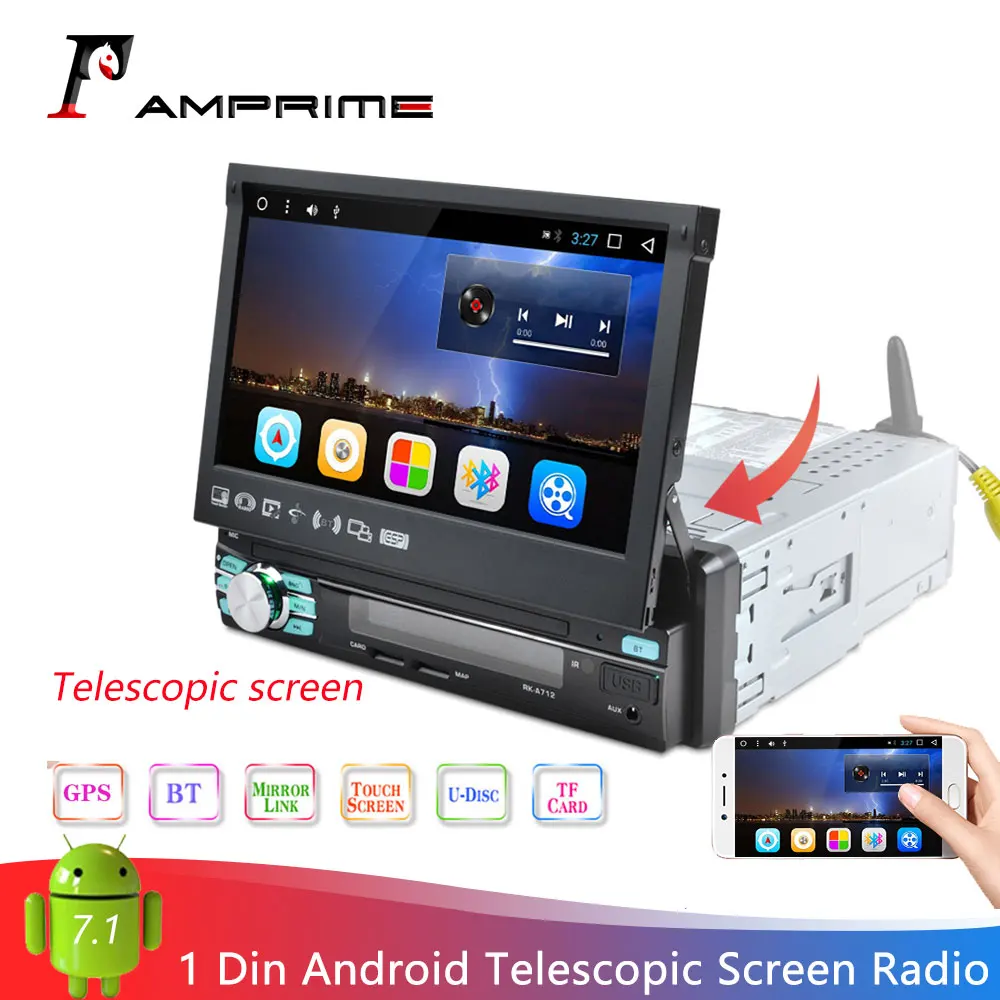 

AMPrime 1Din Android 7.1 Telescopic Machine Quad Core Car Radio 7'' MP5 Multimedia Player GPS Nav Wifi MP5 Plyaer Audio Stereo