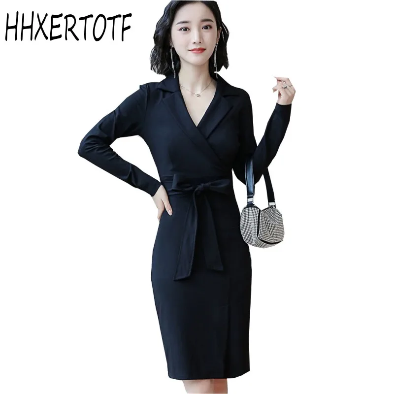 

2019 autumn winter Women's OL professional business dress new fashion temperament long sleeve split back hip V collar dress