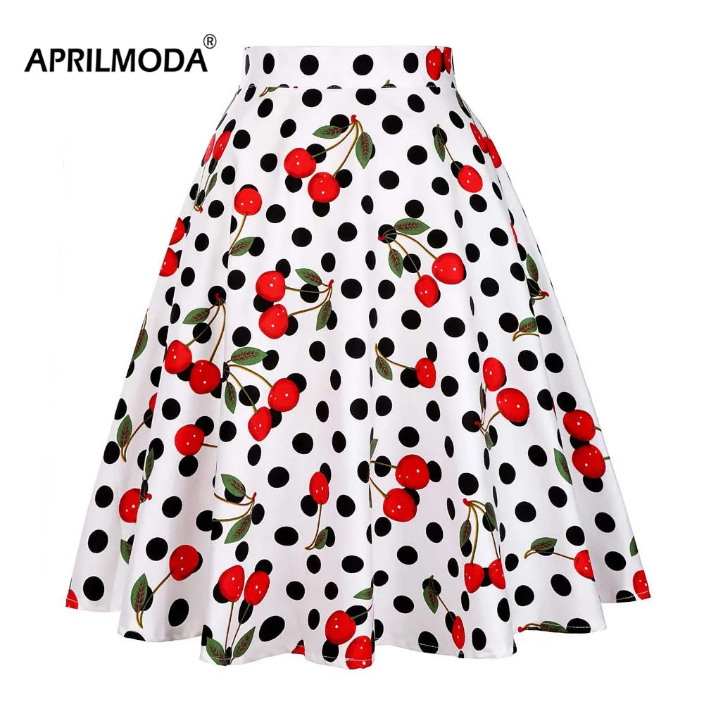 

White Black Cherry Printed Polka Dot Summer Midi Skirt High Waist Plus Size Retro School jupe femme 50s 60s Tunic School Skirt