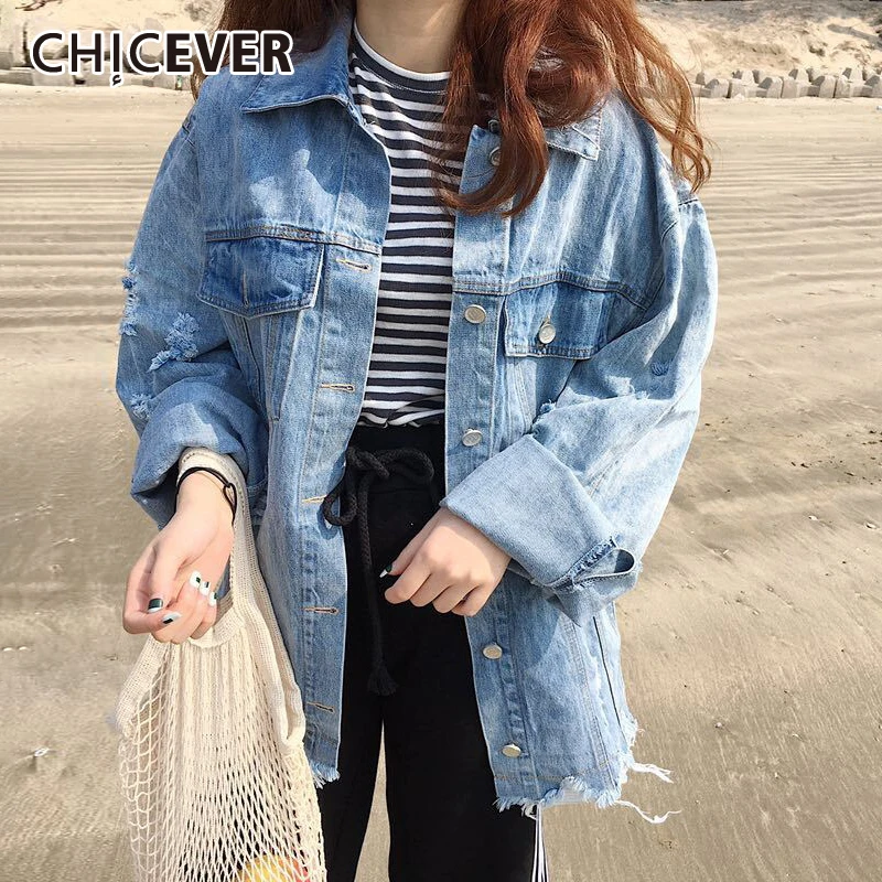 CHICEVER Denim Women's Jackets Lapel Batwing Long Sleeve Tassel Hem Designer Hole Loose Big Size Oversized Coats Female 2021 New