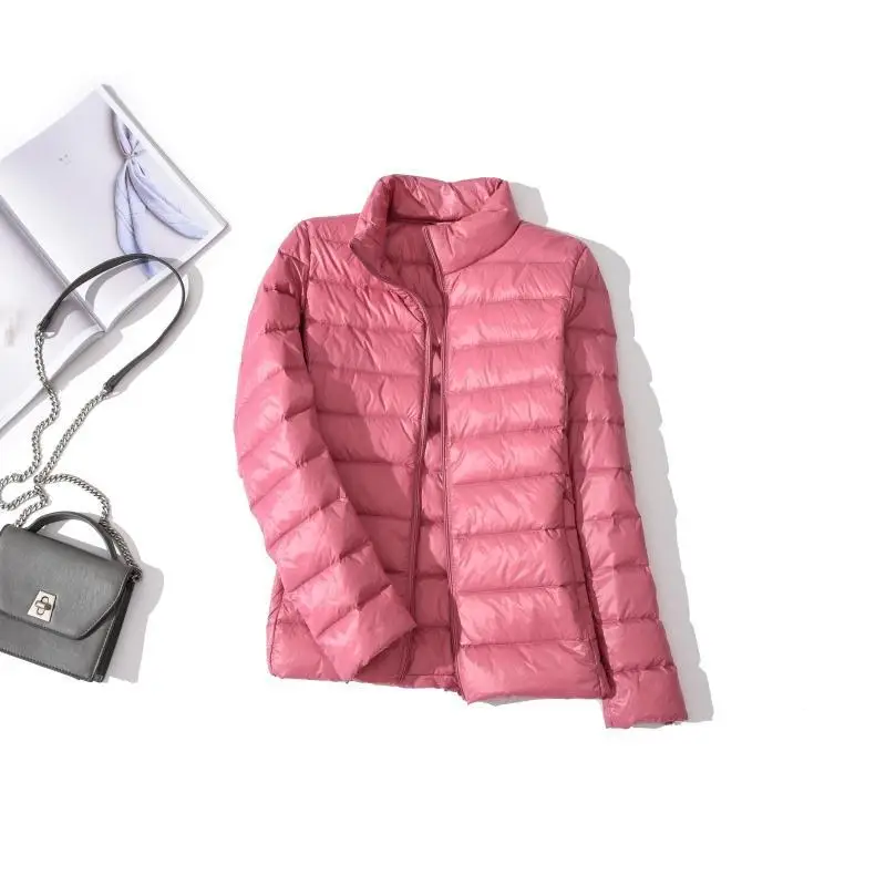 pink stand collar Женская куртка с капюшоном, легкая повседневная куртка с утиным пухом, зимняя одежда, большие размеры, белый цвет - Цвет: pink stand collar