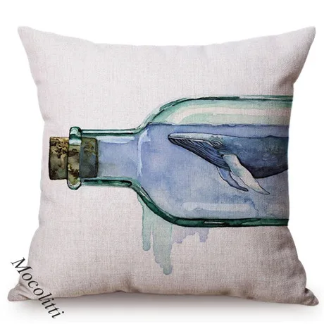 Blue Whale Style Ocean Animal Cushion Cover Water Color Painted Girls and Whale Dolphin Fairy Tales Decoration Sofa Pillow Cover 0097-3