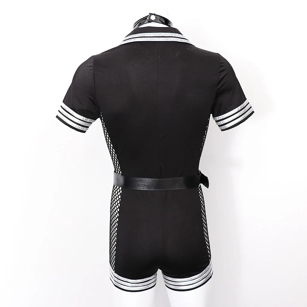 4 pcs Festival Party Mens Airline Pilot Officer Suit Costumes Halloween Role Play Short Sleeve Bodysuit Hat Tie and Belt