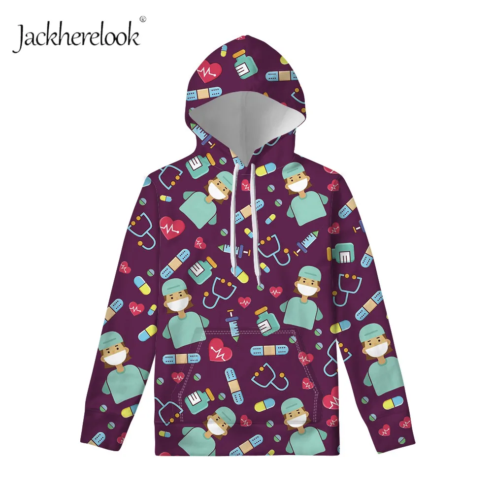 

Jackherelook Warm Nurse Print Hoodies Autumn Long Sleeve Hooded for Women Cartoon Nursing Design Sweatshirt Fashion Girls Outfit